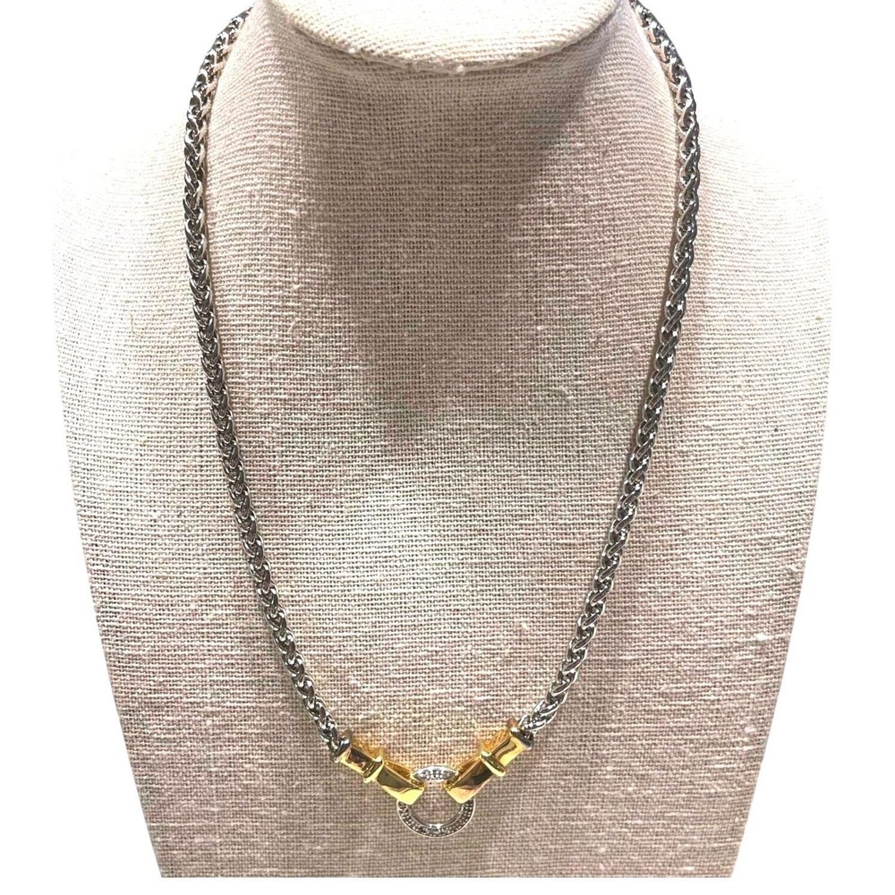 JTL Sterling Silver & 14K Gold Necklace 18" Braided Chain Circle Pendant Signed